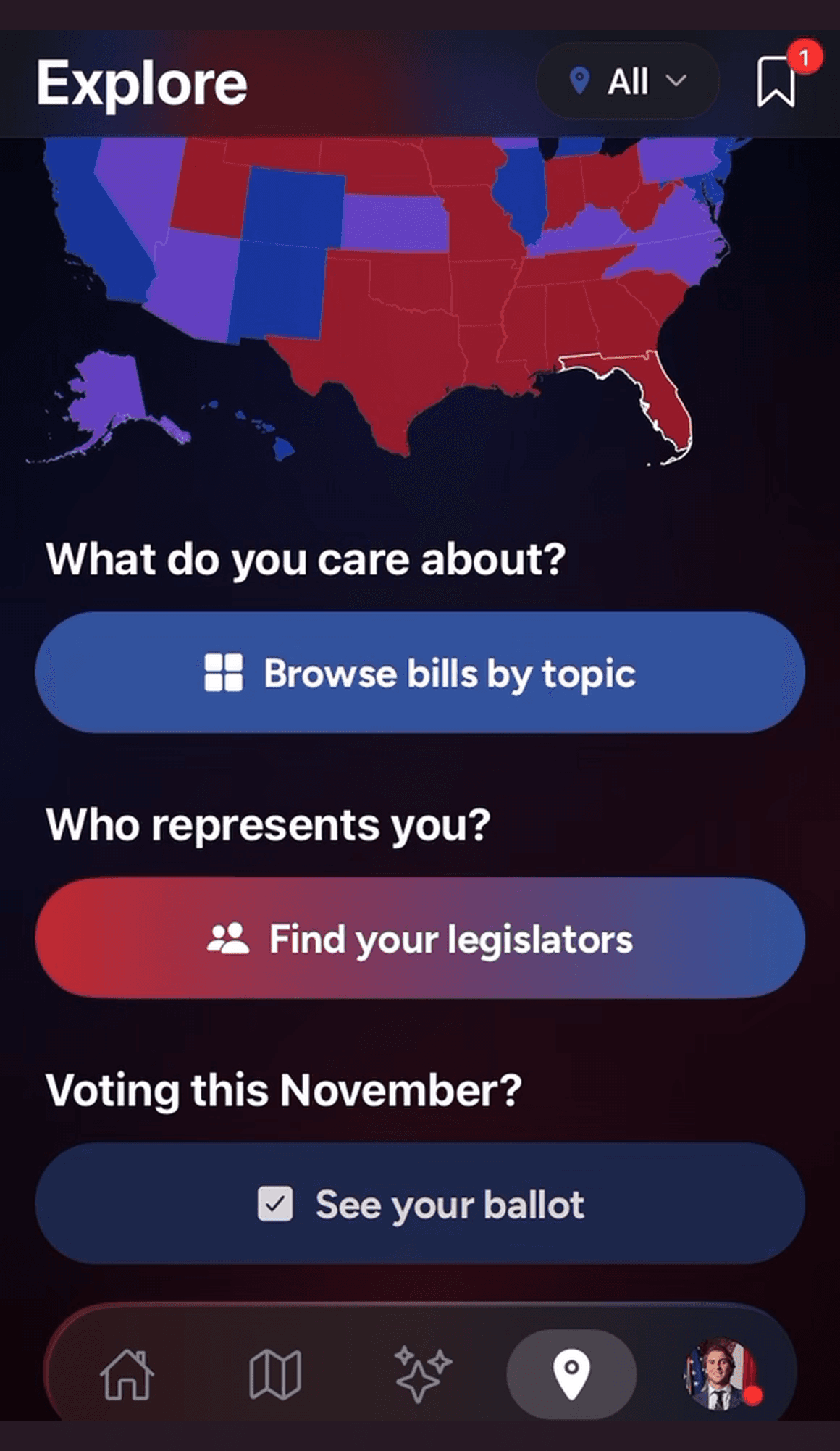 Tap any of all 50 states.